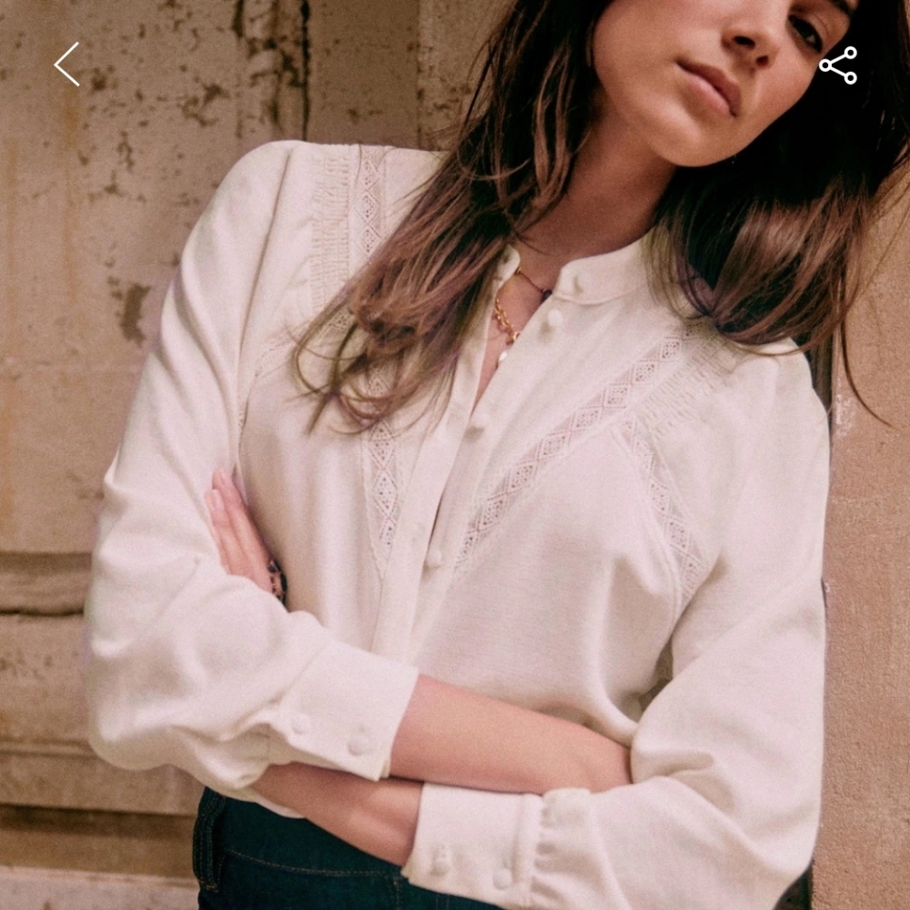 Sezane Ivory Lace-Trim Button-Front Blouse
